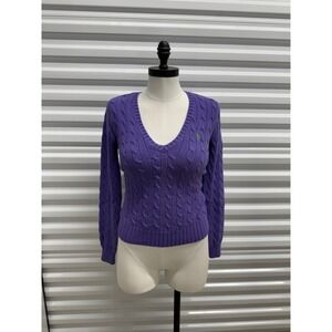 Polo Ralph Lauren Womens Purple Cable Knit V-Neck Sweater Green Pony Size M